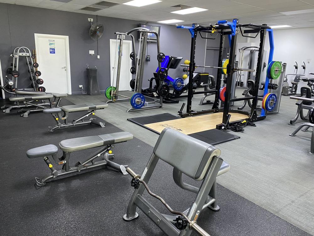 Free weights area in the gym with squat rack